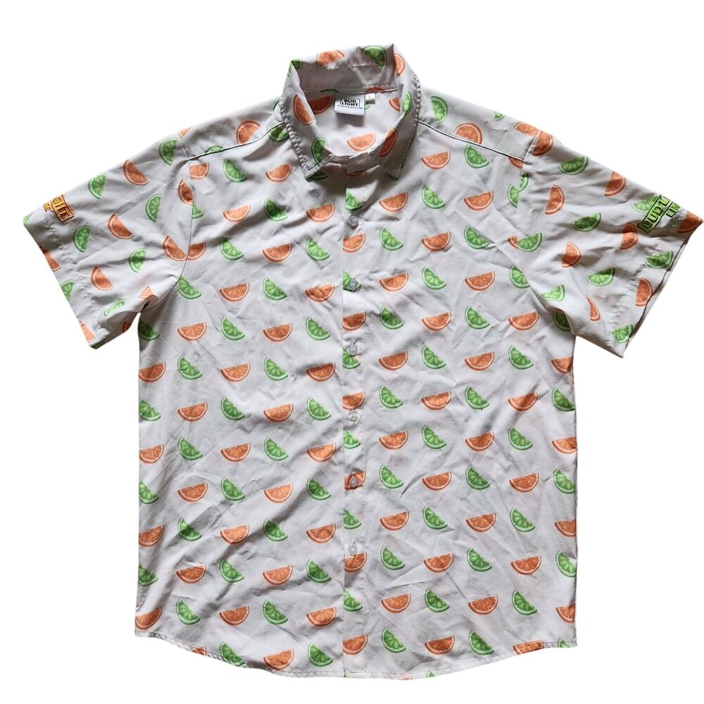 Bud Light Lime Orange Embroidered Citrus Hawaiian Button Up Shirt Mens SZ L